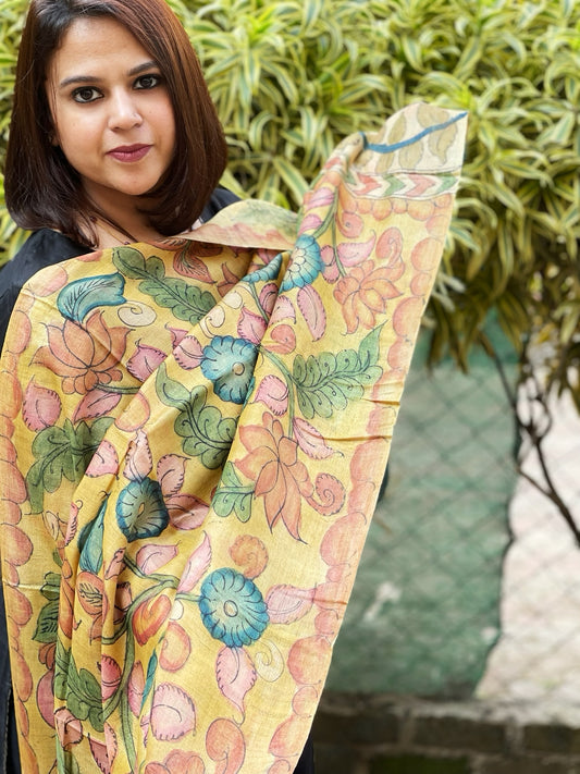 Handpainted Kalamkari Dupatta in Tussar Silk