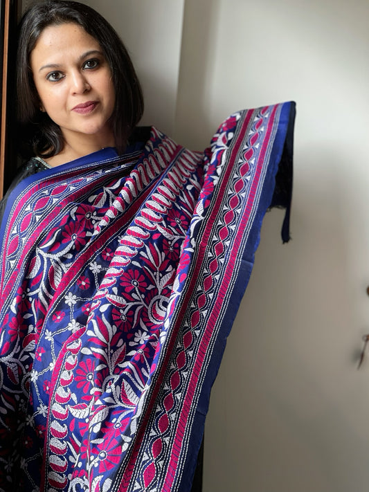 Blue Handmade Nakshi Kantha Dupatta in Pure Silk