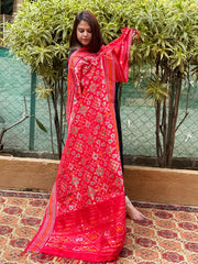 Red Handwoven Ikat Patola Dupatta in Pure Silk