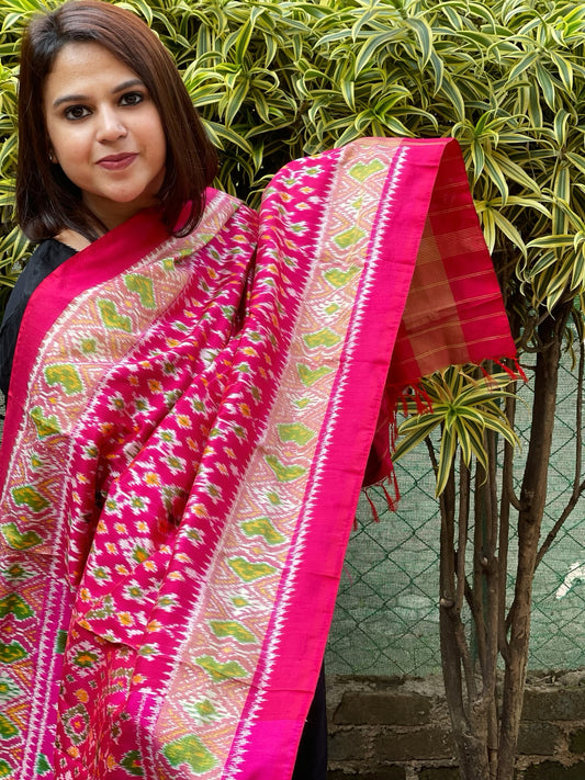 Pink Handwoven Ikat Patola Dupatta in Pure Silk