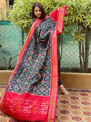 Greenish Black Handwoven Ikat Patola Dupatta in Pure Silk