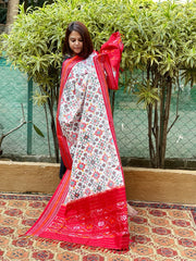 White Handwoven Ikat Patola Dupatta in Pure Silk