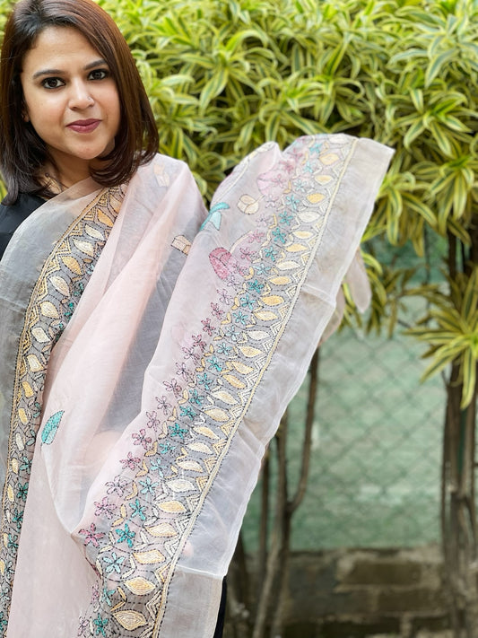 Baby Pink Organza dupatta with Kantha Stitch Handwork