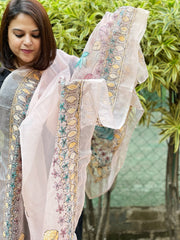 Baby Pink Organza dupatta with Kantha Stitch Handwork