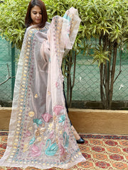 Baby Pink Organza dupatta with Kantha Stitch Handwork