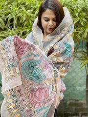 Baby Pink Organza dupatta with Kantha Stitch Handwork
