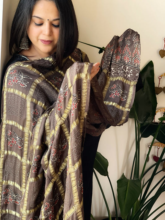 Kashish Gharchola Dupatta with Ajrakh Handblock Print and Zari Pallu in Modal Silk