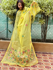 Yellow Organza dupatta with Kantha Stitch Handwork