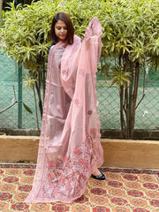 Pink Organza dupatta with Kantha Stitch Handwork