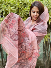 Pink Organza dupatta with Kantha Stitch Handwork