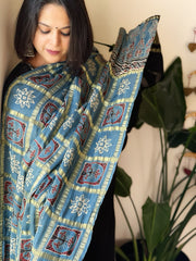 Blue Gharchola Dupatta with Ajrakh Handblock Print and Zari Pallu in Modal Silk