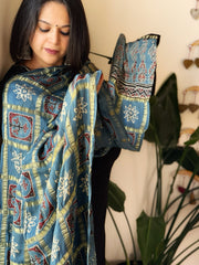Blue Gharchola Dupatta with Ajrakh Handblock Print and Zari Pallu in Modal Silk