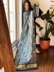 Blue Gharchola Dupatta with Ajrakh Handblock Print and Zari Pallu in Modal Silk