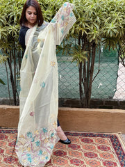 Lime Yellow Organza dupatta with Kantha Stitch Handwork