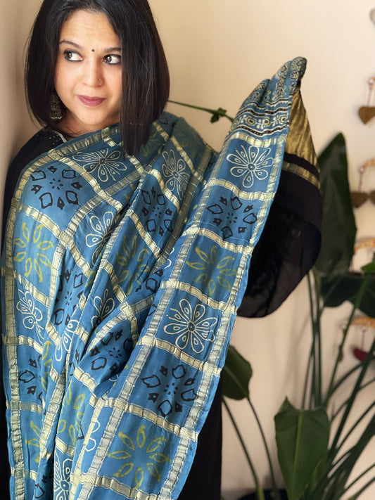 Blue Gharchola Dupatta with Ajrakh Handblock Print and Zari Pallu in Modal Silk