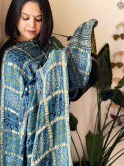 Blue Gharchola Dupatta with Ajrakh Handblock Print and Zari Pallu in Modal Silk