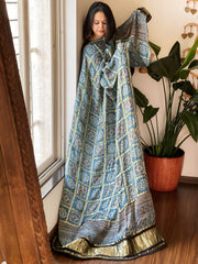 Blue Gharchola Dupatta with Ajrakh Handblock Print and Zari Pallu in Modal Silk