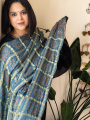 Blue Gharchola Dupatta with Ajrakh Handblock Print and Zari Pallu in Modal Silk