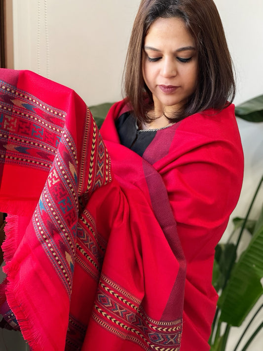 Red Woven Kullu Woollen Shawl