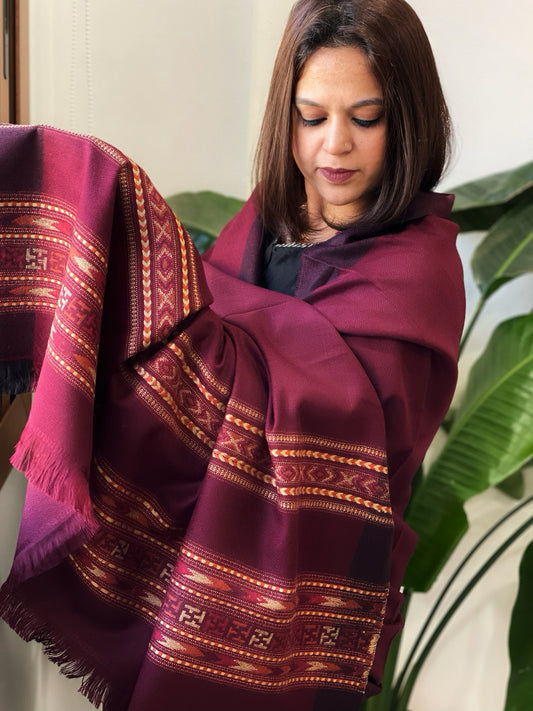 Deep Maroon Woven Kullu Woollen Shawl