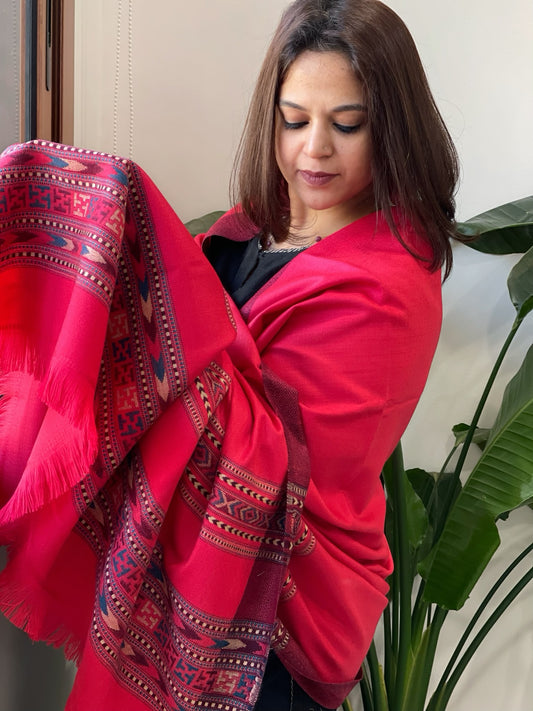 Coral Pink Woven Kullu Woollen Shawl