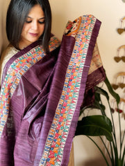 Wine Handpainted Madhubani Dupatta in Pure Tussar Silk