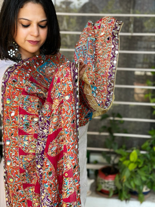 Pure Silk Dupatta with Beads, Sequin, Real Mirror Pasting Handwork