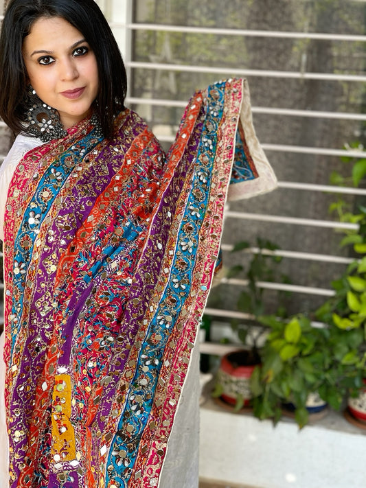 Pure Silk Dupatta with Beads, Sequin, Real Mirror Pasting Handwork
