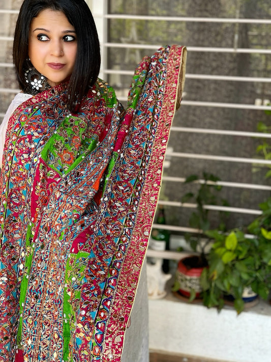 Pure Silk Dupatta with Beads, Sequin, Real Mirror Pasting Handwork