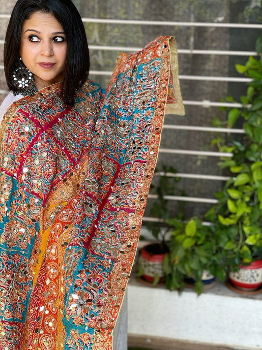 Pure Silk Dupatta with Beads, Sequin, Real Mirror Pasting Handwork