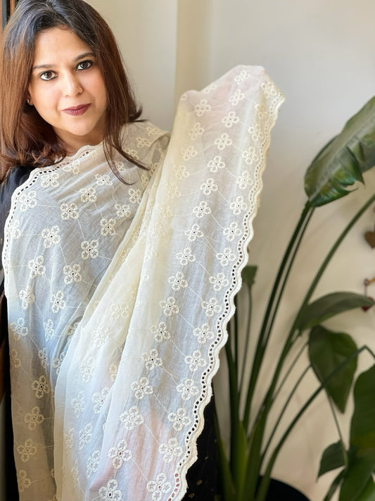 Off-White Cotton Dupatta with Embroidery