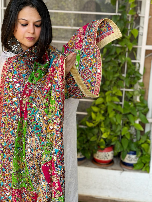 Pure Silk Dupatta with Beads, Sequin, Real Mirror Pasting Handwork