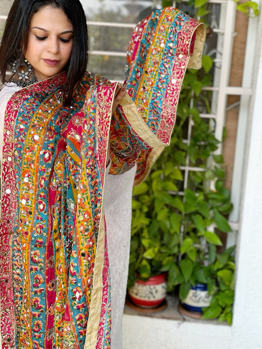 Pure Silk Dupatta with Beads, Sequin, Real Mirror Pasting Handwork