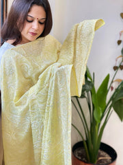 Lime Yellow Kashmiri Aari Embroidery dupatta in Mul