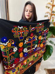 Black Handwoven Woollen Shawl with Thread and Foil Mirror Handwork