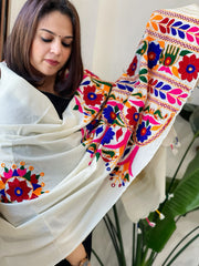 Cream Handwoven Woollen Shawl with Thread and Foil Mirror Handwork