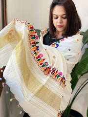 Cream Handwoven Woollen Shawl with Thread and Foil Mirror Handwork