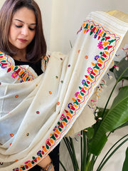 Cream Handwoven Woollen Shawl with Thread and Foil Mirror Handwork