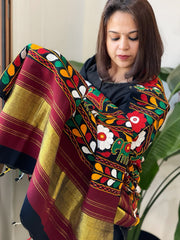 Black Handwoven Woollen Shawl with Thread and Foil Mirror Handwork