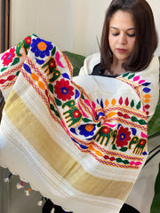Cream Handwoven Woollen Shawl with Thread and Foil Mirror Handwork