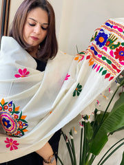 Cream Handwoven Woollen Shawl with Thread and Foil Mirror Handwork