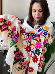 Cream Handwoven Woollen Shawl with Thread and Foil Mirror Handwork