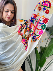 Cream Handwoven Woollen Shawl with Thread and Foil Mirror Handwork