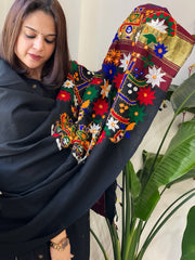 Black Handwoven Woollen Shawl with Thread and Foil Mirror Handwork