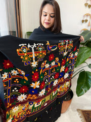 Black Handwoven Woollen Shawl with Thread and Foil Mirror Handwork