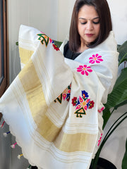Cream Handwoven Woollen Shawl with Thread and Foil Mirror Handwork