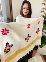 Cream Handwoven Woollen Shawl with Thread and Foil Mirror Handwork