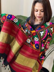 Black Handwoven Woollen Shawl with Thread and Foil Mirror Handwork