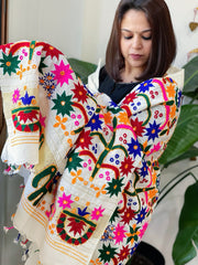 Cream Handwoven Woollen Shawl with Thread and Foil Mirror Handwork