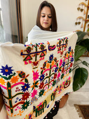 Cream Handwoven Woollen Shawl with Thread and Foil Mirror Handwork